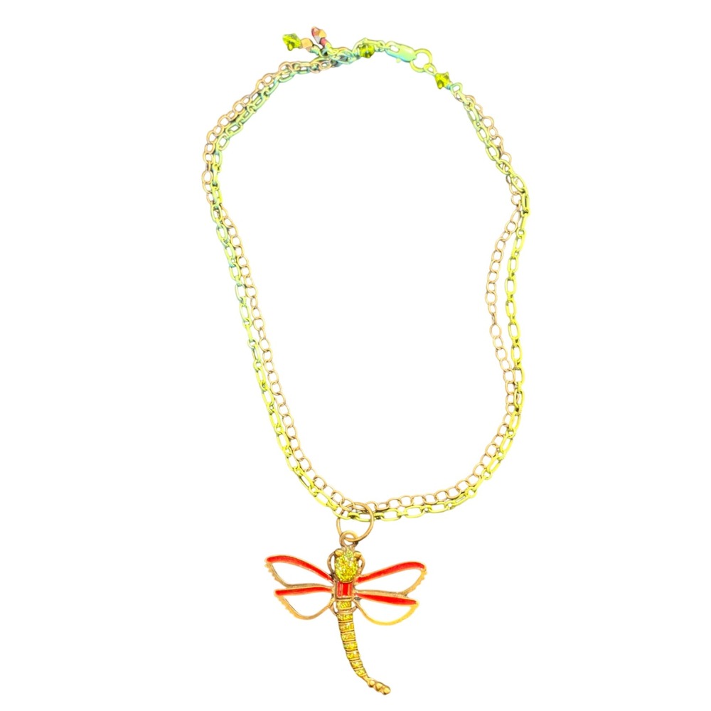 Gold Tone Red Enamel Dragonfly Pendant Necklace Yellow Crystal Double Chain